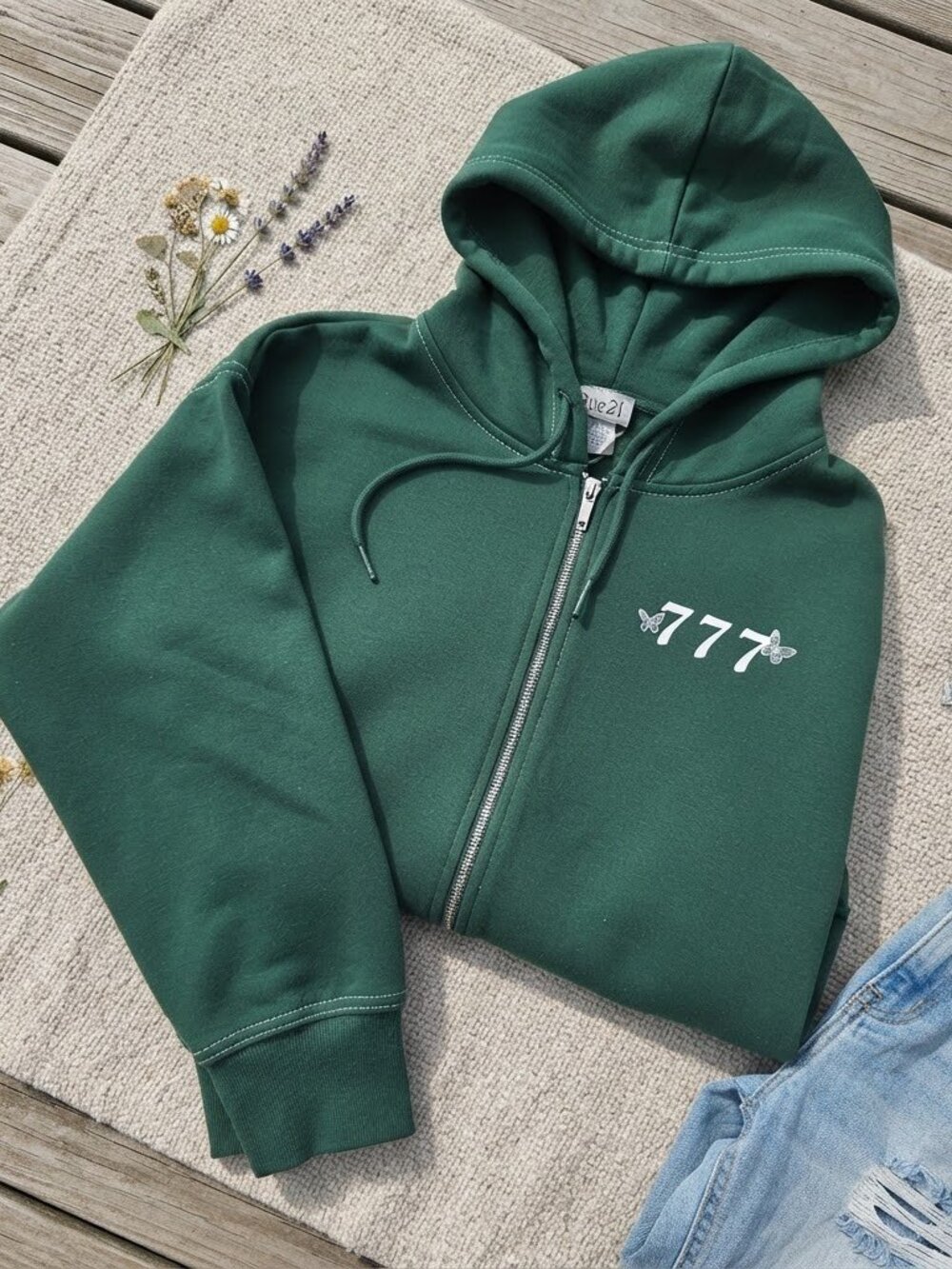 Rue21 Green 777 Cherub Butterfly Contrast Stitch Full Zip Hoodie SZ L